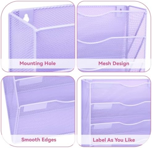 5 Pockets Mesh Wall File Holder Organizer Office Hanging File Folder Magazine Rack, Nametag Label Hooks Set Included (Purple)