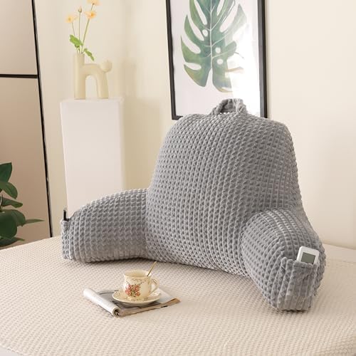 Reading Pillow with Arms for Sitting in Bed,Backrest,Gray Flannel,M