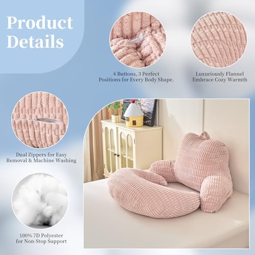 17" Reading Pillow for Bed,U Shaped Arm & Elbow Support,Pink Corduroy