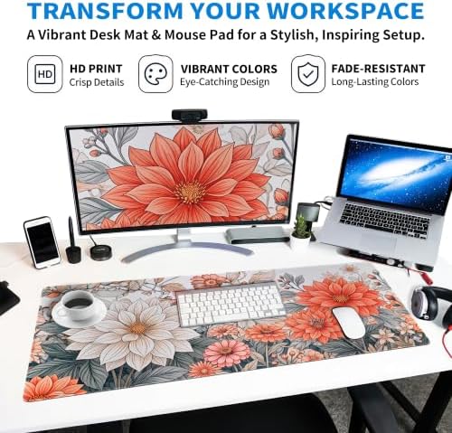 Extended Minimalist Flowers Desk Mat, XXL Large Gaming Mouse Pad, Aesthetic Florals Stitched Edges Waterproof with Non-Slip Rubber Base for Computer Keyboard Laptop Work Home Office 35.4"x15.7"