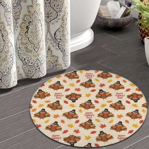 Fashion Round Area Rug Large Non Slip Carpet Unisex Home Decor Mat Cute Thanksgiving Turkey Art, 60inch