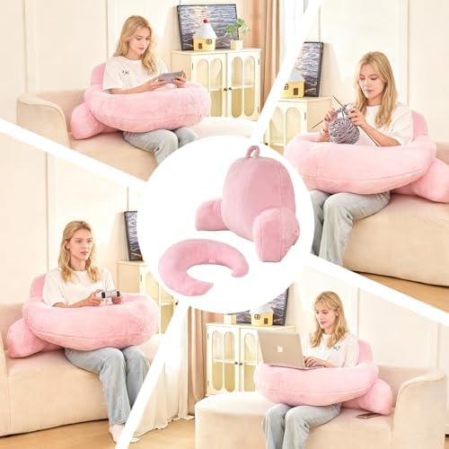 17" Reading Pillow for Bed,U Shaped Arm & Elbow Support,Pink Faux Fur
