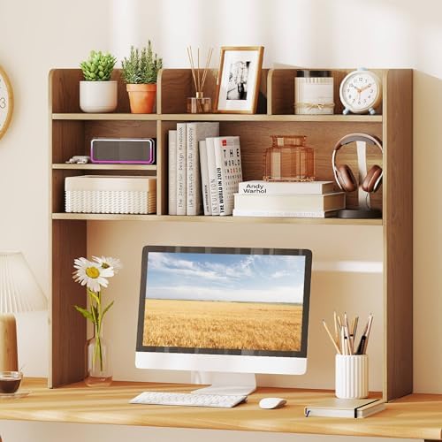 Tangkula Desktop Bookshelf for Computer Up to 32”, 37” Countertop Storage Hutch with 6 Storage Shelves, 3-Tier Desktop Organizer Display Rack, Wooden Desk Hutch for Dorm Home Office (Natural)