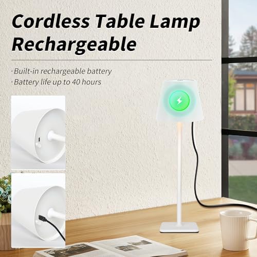 Mr. White Outdoor Waterproof Cordless Set of 2 Rechargeable Portable Top Touch Battery Operated Powered LED Table Lamp Desk Lamp Lights for Restaurant Kitchen Patio Dinner Dining (White 2 Pack)