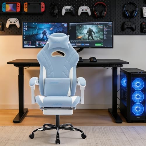 Gaming Chair with Footrest and Massage Lumbar Support, Ergonomic Computer Gamer Chair, Office Video Game Chairs (Cyan White)
