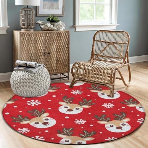 Large Home Decor Mat, Soft Round Yoga Carpet, Non Slip Machine Washable Kitchen Office Circle Rug Christmas Deer Snowflakes