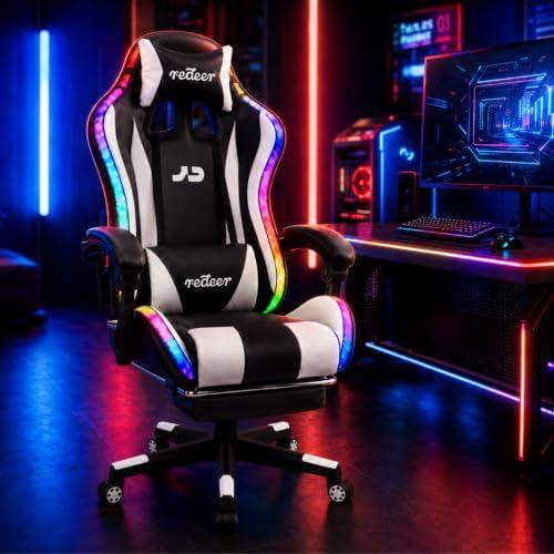 Redeer Led RGB Gaming Chair with Speakers Massage & Footrest, Reclining Gamer Chair for Adults, Video Game Chairs with Canopy, Heavy Duty Gaming Chair Massage, 350LBS White