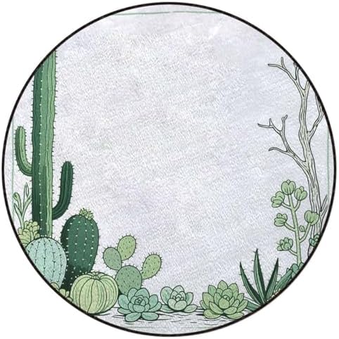 Cactus Succulent Non-Slip Round Office Chair Mat for Hardwood Floors, Line Art Style Rolling Chair Protector, Green White Diameter 39.4 in