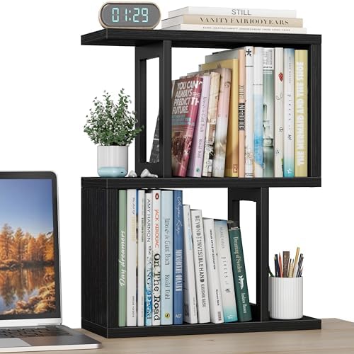 Desktop Bookshelf Shelf for Top of Desk - Black Small Organizer 3-Tier Shelves Storage Bookcase Hutch for Dorm Office College Table Top Organization Shelving Decorations for Women Office