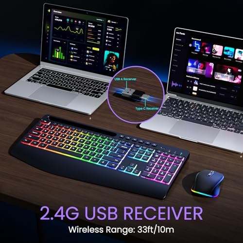 Wireless Keyboard and Mouse Combo- VEILZOR 2.4G Rechargeable Keyboard with Phone Holder, Ergonomic Wrist Rest, 9 RGB Backlit Effects, Silent Keyboard Mouse Set for Windows, Laptop, PC