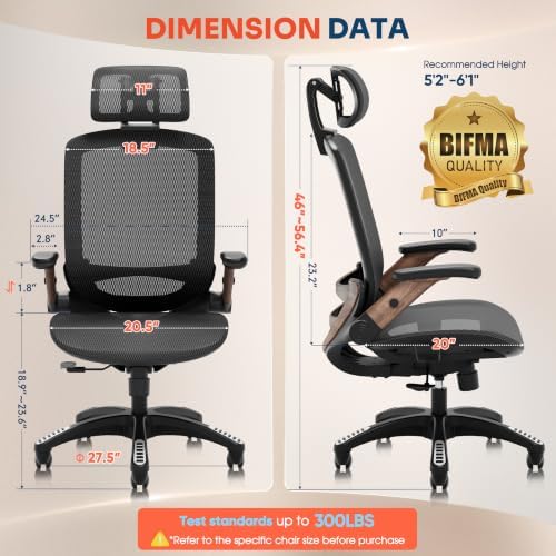 GABRYLLY Ergonomic Office Chair, High Back Home Desk Chair with 2D Flip-Up Arms, 3D Headrest, 90-120° Tilt and Wide Cushion, Big and Tall Mesh Chairs for Man Woman, Computer Task Chair Dark Wood Grain