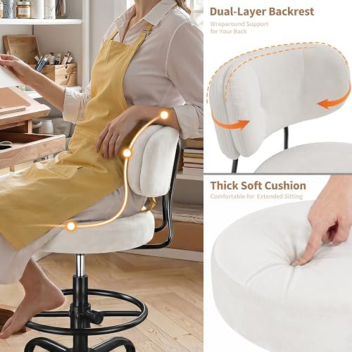 Homkdom Drafting Chair, Velvet Cream White
