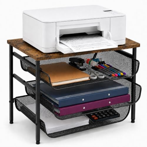 4-Tier Printer Stand with Storage for Desk, Wood Top, Black