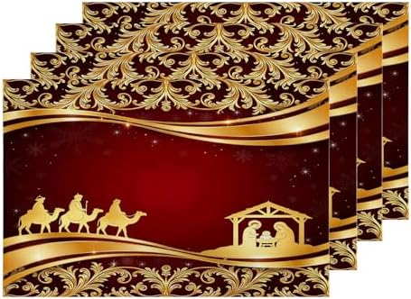 Shrahala Christian Christmas Golden Floral Set Of 4 12 X 18 Inch Linen Placemats , Christmas Wise Men Golden Star Bethlehem Burlap Table Mat Washable Double Layered Heat Insulation For Indoor/Outdoor