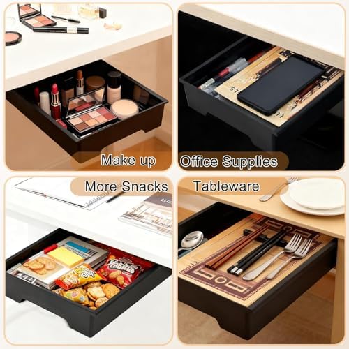 2 Pack 10.91"x 8.23" Under Desk Drawer Storage Organizer, Durable PC Material Self-Adhesive with Slide Out Rail, Hidden Hanging Desk Drawer for Office Supplies, Stationery, No Drilling Install, Black