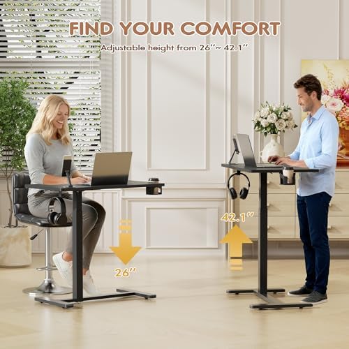 Furmax Mobile Standing Desk with Wheels, Pneumatic Adjustable Rolling Computer Desk Laptop Table for Bed, Couch (Black, Small)