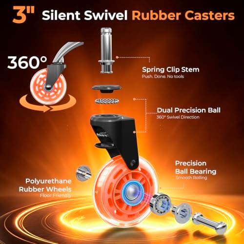 Office Chair Wheels for Casters Replacement - 3" Rubber Wheels for Computer Gaming Desk Caster Smooth & Safe Rolling for All Floors Including Hardwood and Carpet - Set of 5 - Orange