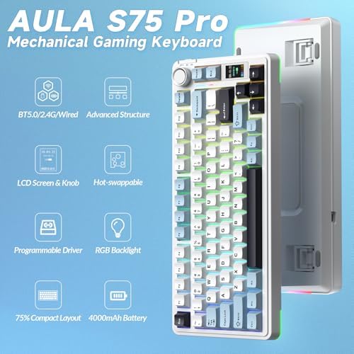 AULA S75 PRO Wireless Mechanical Gaming Keyboard with Screen&Knob, 80 Keys