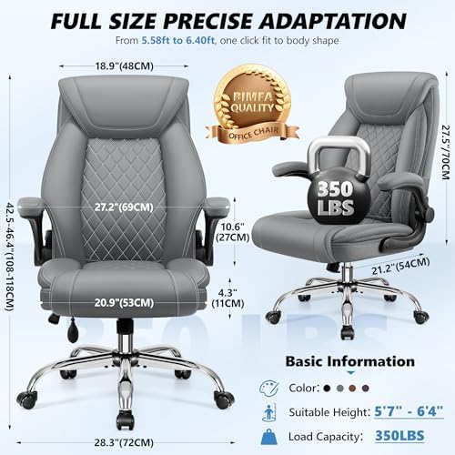 BestGlory Executive Office Chair with Lumbar Support, Big and Tall Ergonomic Computer Desk Chair, Leather Comfy High Back Gaming Chair with Flip Up Arms & Rocking Function for Home Office, Gray