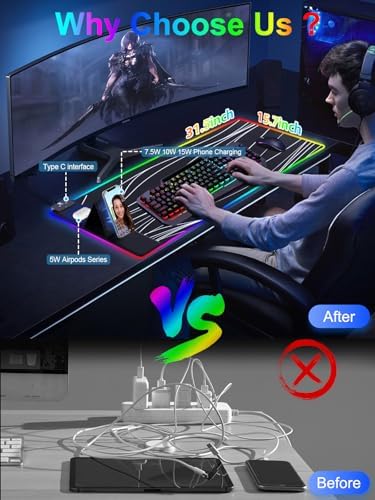XXL Mouse Pad with Phone Holder - Black, RGB Desk Mat with 15W Fast Charging, LED Gaming Mousepad with 11 Light Colors, Waterproof Non-Slip Pad for Office & Home (Wave)