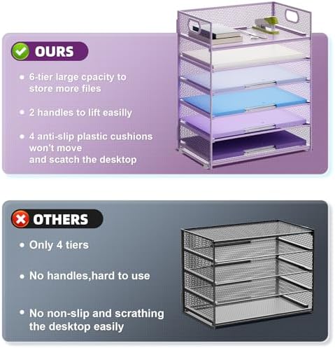 Marbrasse 6 Tier Paper Organizer Letter Tray - Mesh Desk File Organizer with Handle, Paper Sorter for Letter/A4 Office File Folder Holder - Purple