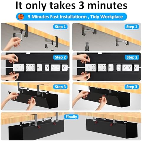 Under Desk Cable Management Tray - Under Desk Cord Management - Clamp/Screw Mount - Fabric Wire Management - Cable Raceways Tray Cord Hiders for Office/Home (Black, 35.8"×5.6")