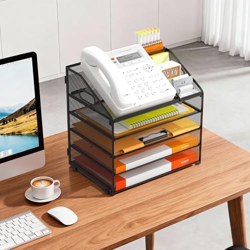 DocNest 5 Tier Metal Mesh Desk File Organizer with Phone Shelf, Black