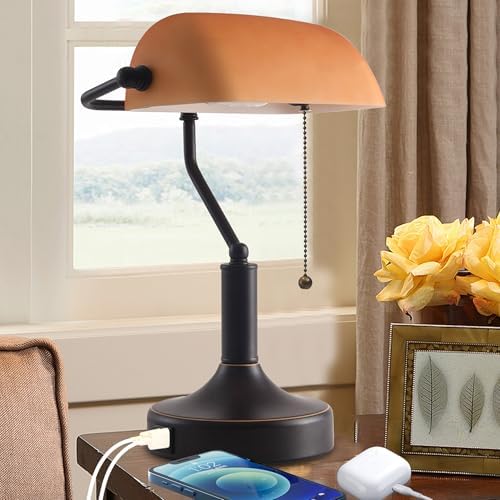 Vintage Bankers Desk Lamp with Pull Chain Switch, Traditional Desk Lamp with USB A and Type C Charging Port, Oil Rubbed Bronze Table Lamp with Amber Glass Shade for Office, Library, Study Room
