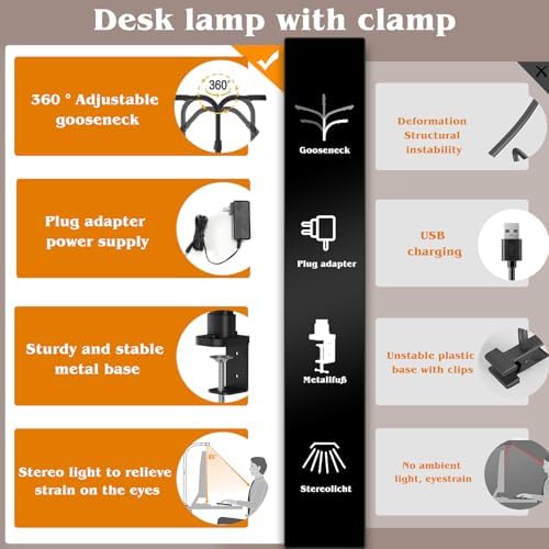 AKRRYR Led Desk Lamp for Home Office,24W Bright Eye-Caring Desk Light with Clamp,5 brightness and 5 temperatures Dimmable Workbench Task Light, Adjustable Gooseneck Table Lamp for Monitor Study(black)