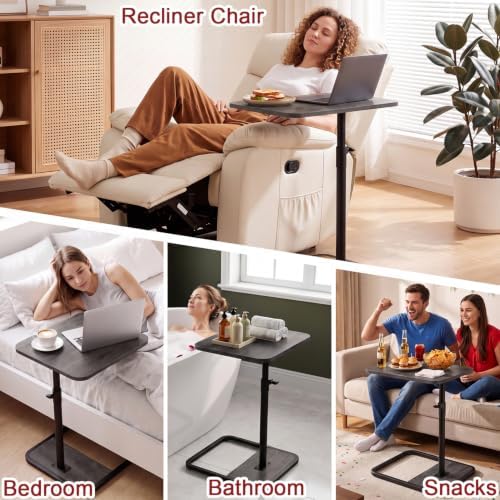 GOYLSER Large C Shaped End Table for Couch, Height Adjustable Living Room Rotating Couch Tray Tables Sofa Table Tv Trays for Bedroom, Swivel Wooden Side Table for Small Space, Grey