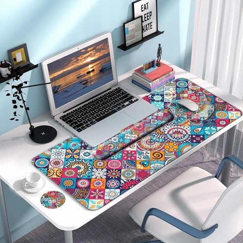 Desk Pad Keyboard Wrist Rest and Mouse Pad Coaster Set,Large XXL Desk Mat Matt Cover Ergonomic Mousepad with Memory Foam for Women Desktop Computer & Office -Mexican Style
