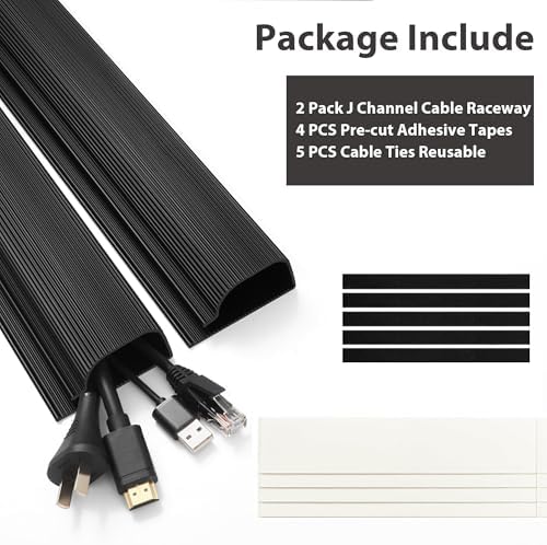 Cable Management Under Desk, 32in (2x15.75in) J Channel, Self Adhesive Cable Raceways Channel, Easy to Install Cord Cover Hider Desk Cord Organizer Electrical Black