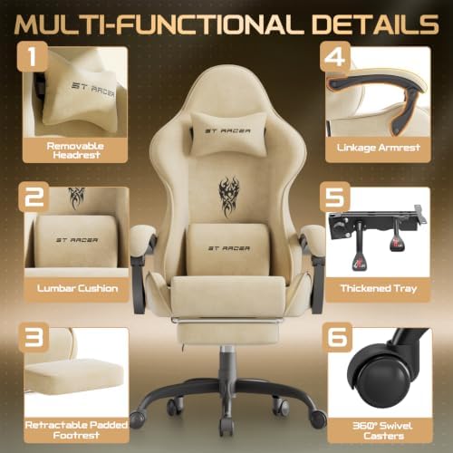 Ferghana Ergonomic Velvet Fabric Gaming Chair with Embroidery Fire, Massage Lumbar Support & Retractable Footrest, Reclining Racing Computer Office Desk Chair for Adults, Beige