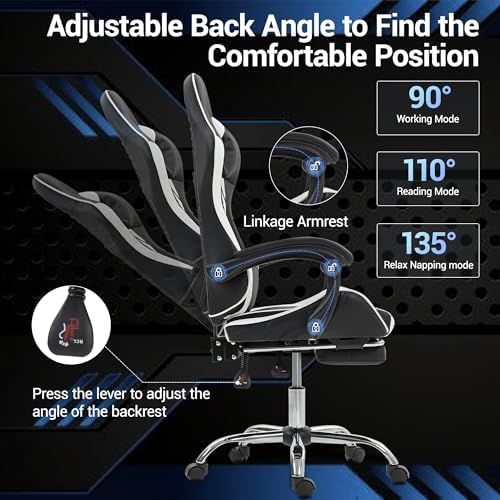 Ergonomic Gaming Chair with Massage Lumber， White Video Game Chair w/Footrest for Adults Kids, Adjustable Headrest & Lumbar Support, 360° Swivel for Home Office Bedroom Gaming Room