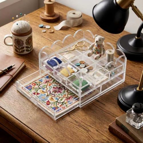 Scalloped Clear Acrylic 2-Drawer Organizer with Removable 9-Compartment Divider, 7" x 7" x 2.7" Vanity & Desk Storage for Makeup, Jewelry, Beads, Craft Supplies and Small Accessories