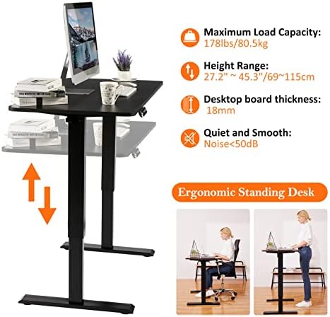 Electric Adjustable Height Standing Desk, 48×24 Inches Sit Stand Desk with Power Socket, 2 USB Ports, 3 Power Outlets, 4 Wheels,4 Memory Buttons Home Office Computer Workstations(Black)