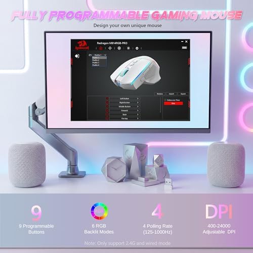 Redragon Wireless Gaming Mouse, Tri-Mode 2.4G/Bluetooth/USB-C, 7 Programmable Buttons, Tactile Rapid Fire Key, 24000 DPI RGB Ergonomic Mouse for PC Windows Gaming & Work, M814W