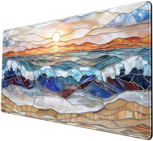 Mountain Sunrise Gaming Mouse Pad Large Desk Mat Extended Mouse and Keyboard Pad, Faux Stained Glass Nature Mousepad with Stitched Edge Mouse Desk Pad Computer Mat Soft Aesthetic Decor 31.5 X 15.7 in