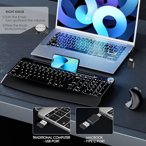 Full-Size Ergonomic Keyboard and Mouse, 2.4GHz Wireless Keyboard and vertical Mouse with Tablet Phone Holder, Wrist Rest for Computer Mac PC Laptop Chromebook, Black