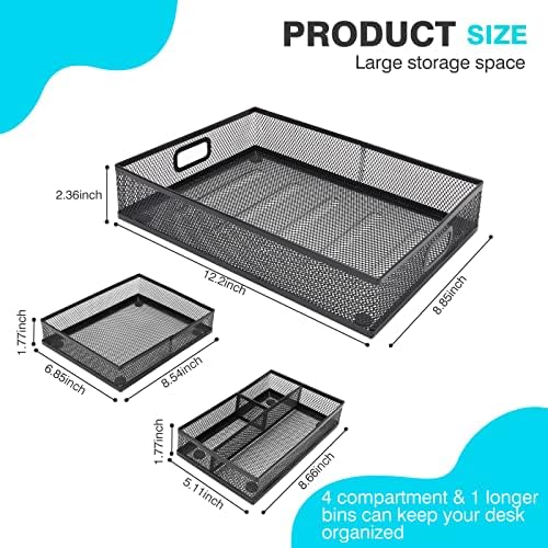 Office Drawer Organizer 3 Pack, Office Supplies Desk, Black Mesh Drawer Organizer Hold Pens & A4 Sized File, 12 x 9 Inches for Teachers and Students