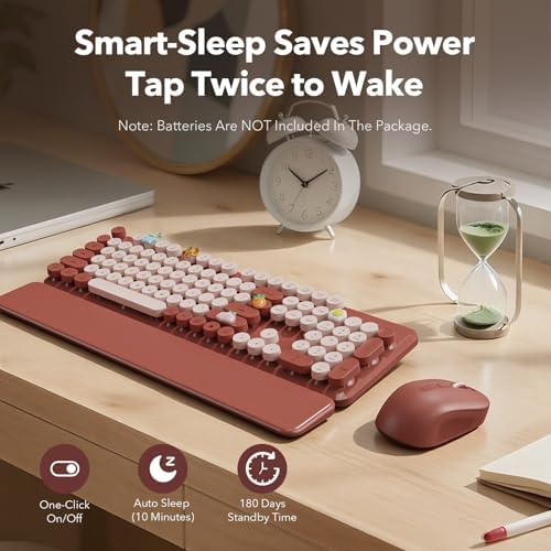 Wireless Keyboard and Mouse Combo, Wine Red Retro Typewriter Style Keyboard with Round Keycaps and Magnetic Wrist Rest, 2.4GHz Wireless for Mac, Windows PC, Laptop, Home Office, School, SABLUTE CK23