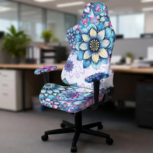 Boho Mandala Flower Print Gaming Chair Cover with Armrest Covers Stretch Non Slip Furniture Protector Washable Anti Dust Gamer Chair Slipcover