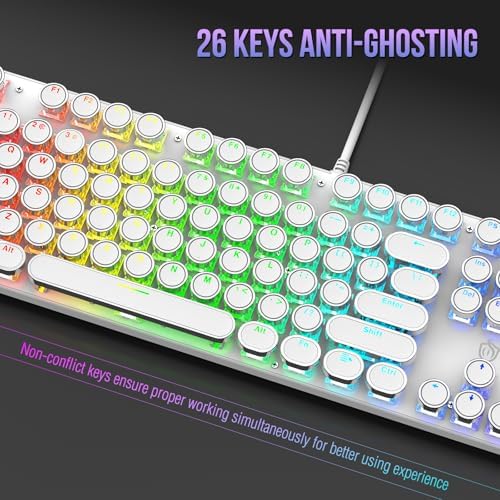 Typewriter Mechanical Gaming Keyboard with RGB Backlit Red Switches, 104 Keys Retro Round Keycap, Wired Typewriter Style Comfortable Typing Soud (R-White)