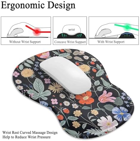 Gel Mouse Pad with Wrist Rest, Ergonomic Concave Wrist Support Mousepad with Non-Slip PU Base & Smooth Surface Comfortable Desk Accessories Mat for Office, Home Gaming and Study (Flowers 02)