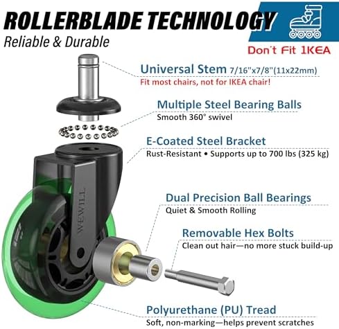 WEWILL Office Chair Wheels - Rubber Casters Replacement Universal Fit 98% Chair(Set of 5) Heavy Duty 3 Inch Smoothly & Quietly Safe for All Floor, Hardwood, Tile, Carpet, Noise Free - Green