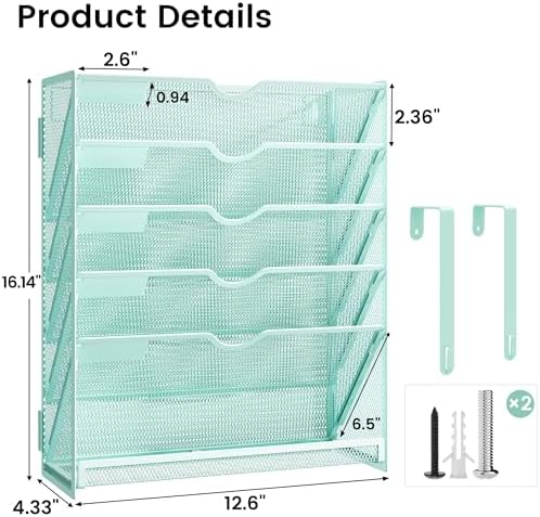 Hanging Wall File Organizer, 6-Tier Desk Organizer with Metal Mesh