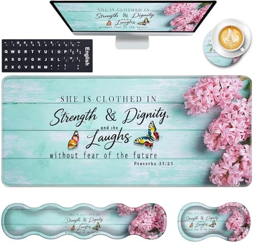 Keyboard Wrist Rest and Mouse Pad with Wrist Support Set Ergonomic Coaster,Memory Foam,Easy Typing Pain Relief,Large XL Desk Mat 31.5"x 11.8",Pink Hyacinth Bible Verse Proverbs 31-25