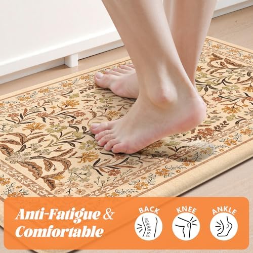 Collive Fall Anti Fatigue Kitchen Mats, Orange Floral Kitchen Rugs