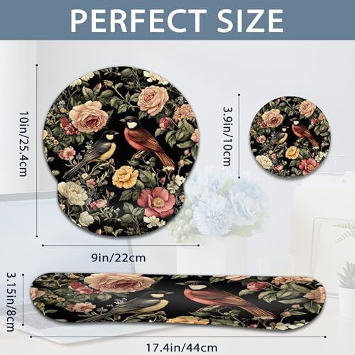 Vintage Rose Peony Floral Keyboard Wrist Rest Pad Ergonomic Mouse Pad Set,Bird 3 in 1 Memory Foam Mouse Pad with Non Slip Base for Office and Home