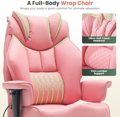 CIOMAN 500lbs Big and Tall Office Chair Adjustable Lumbar Support, Extra Wide Seat Ergonomic Gaming Chair with Footrest, Heavy Duty High Back Executive Leather Computer Desk Chair, Pink